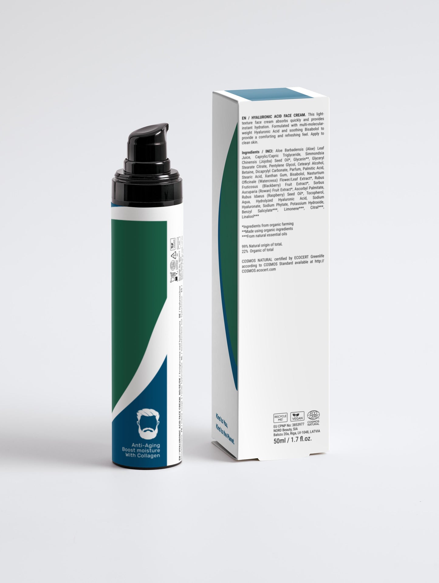 Hyaluronic Acid Face Cream with box back in a green/blue pump bottle with Green Cloud Nine Logo, on a white background