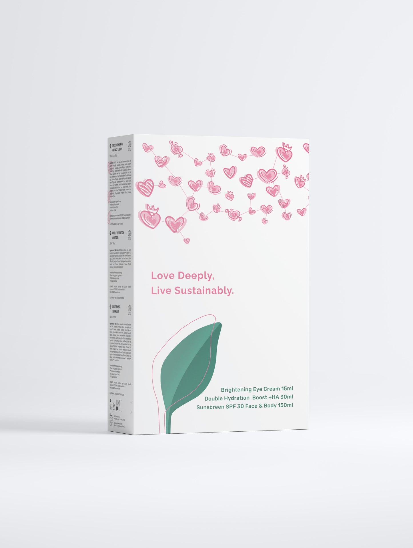 Product packaging with pink hearts and green leaf design on a white background (back).