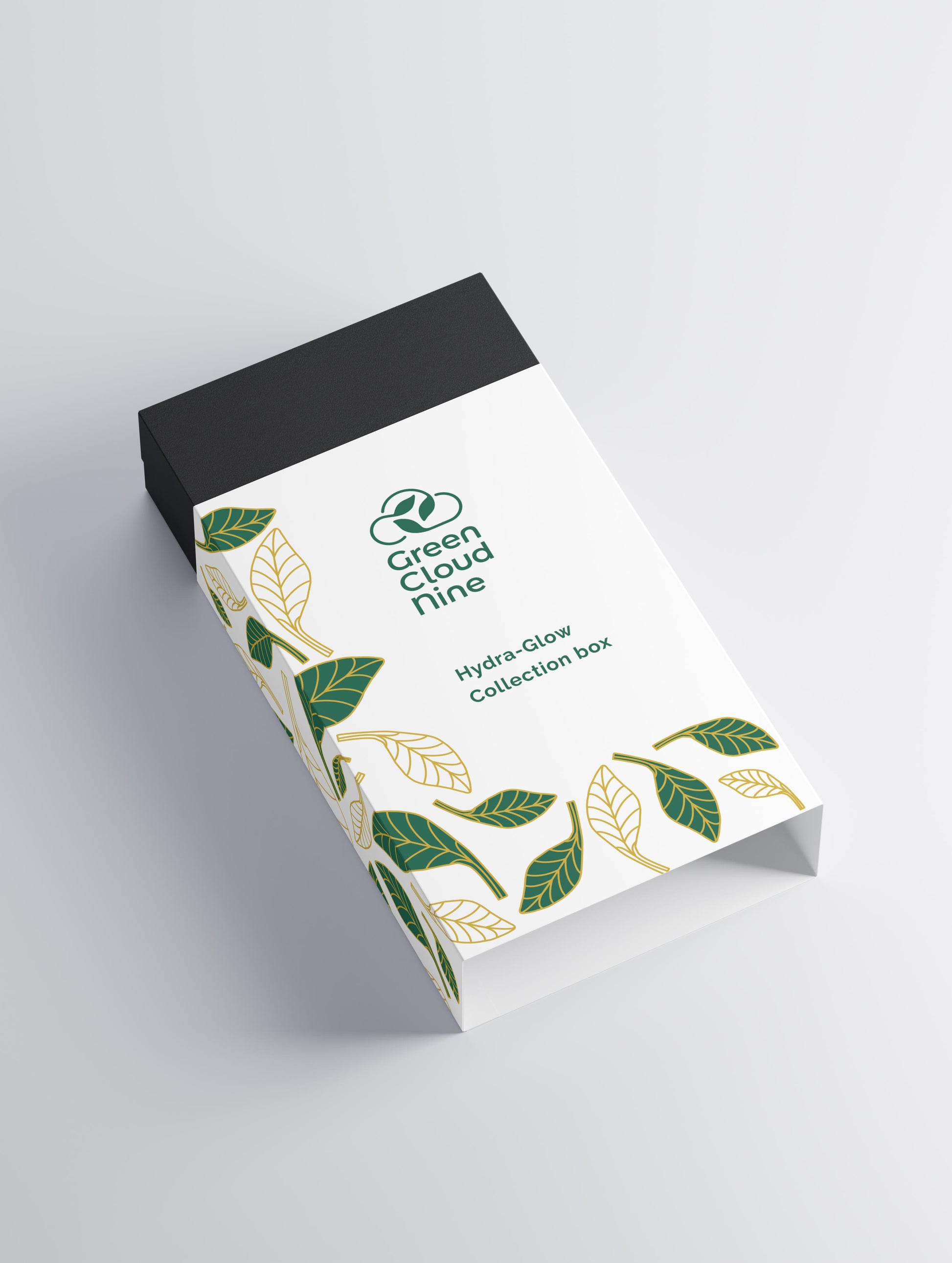 Green Cloud Nine Hydra-Glow Collection Box – sustainable packaging with an elegant leaf design for eco-conscious products.