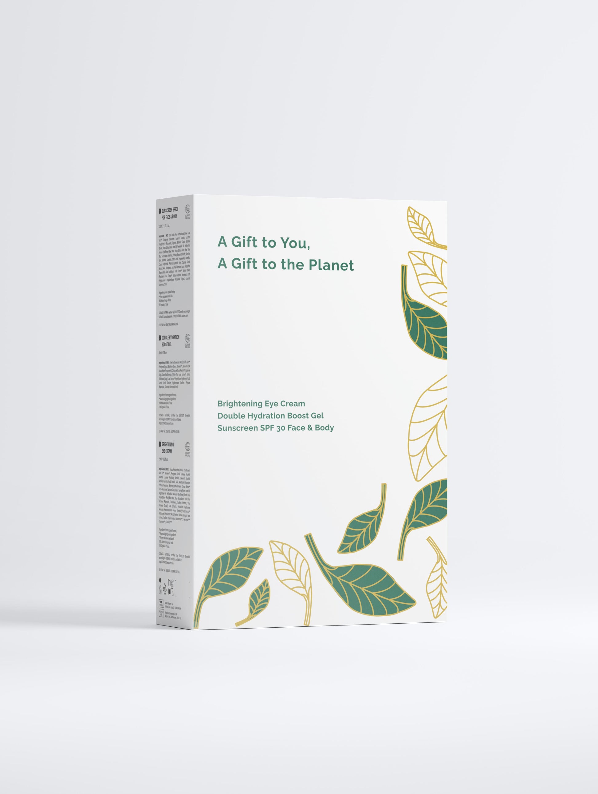 Green Cloud Nine Hydra-Glow Collection Box back– sustainable packaging with an elegant leaf design for eco-conscious products.