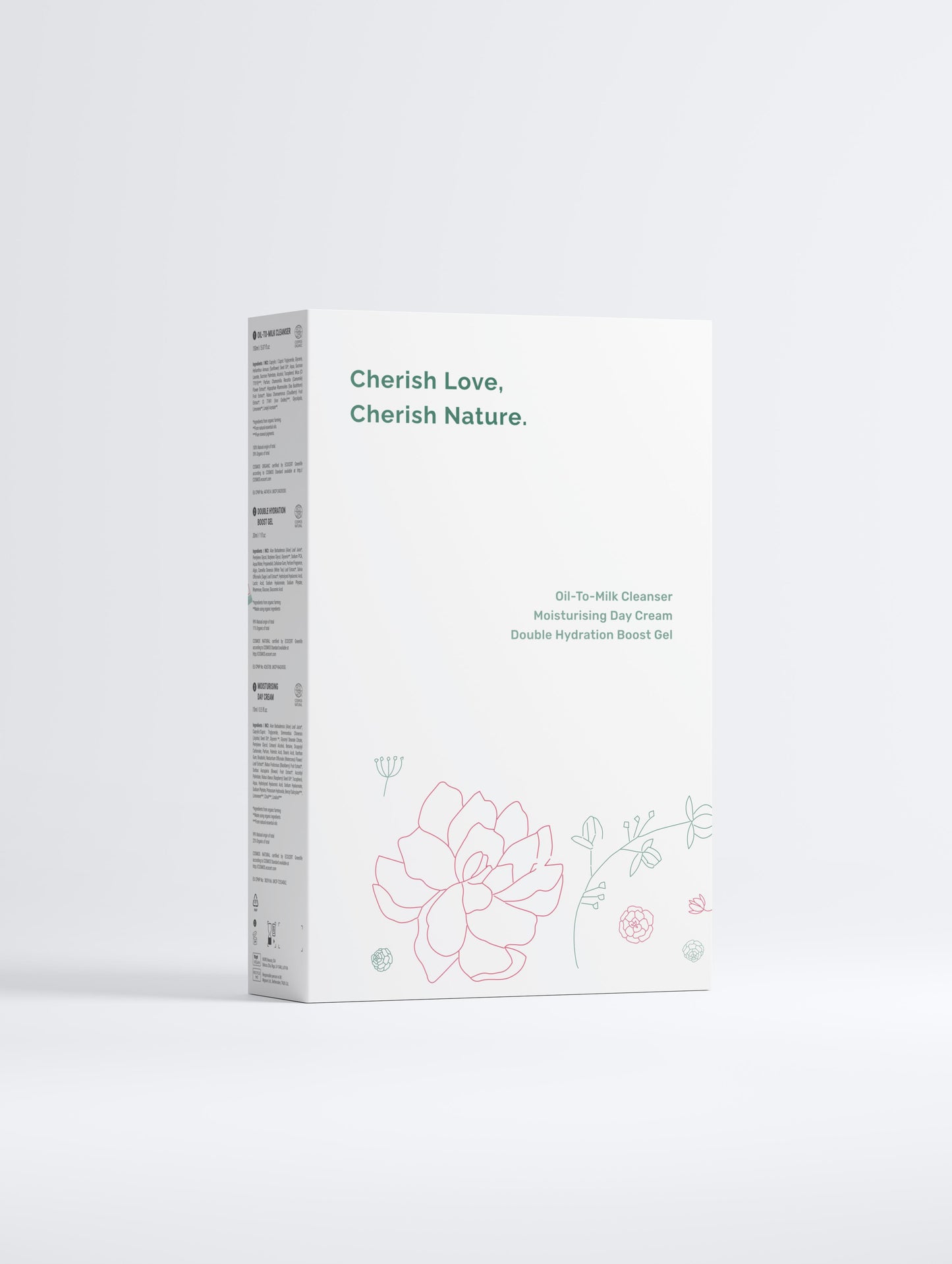 White Hydration Ritual Collection box back with flower illustrations, on a white background