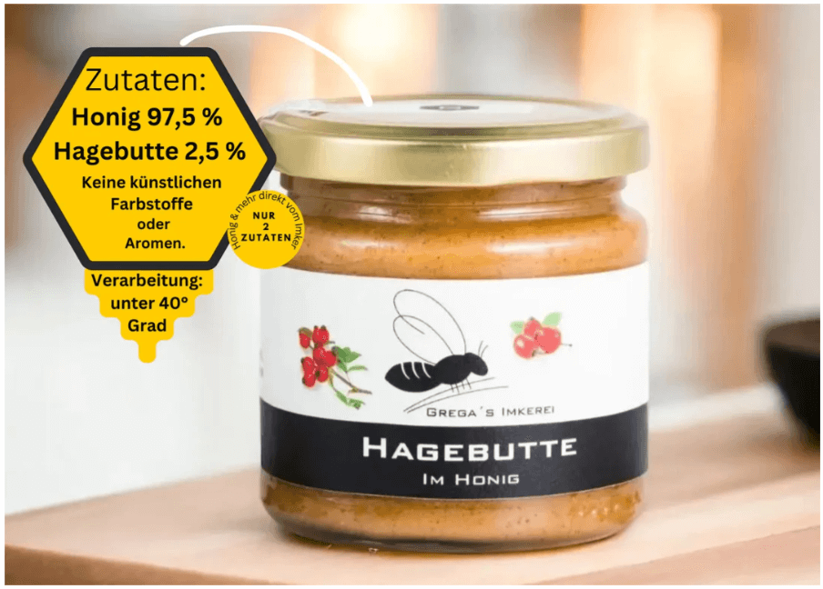 Jar of Grega’s Imkerei rosehip honey