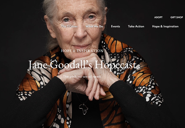 Jane Goodall with butterfly-patterned shawl, promoting her podcast 'Hopecast'