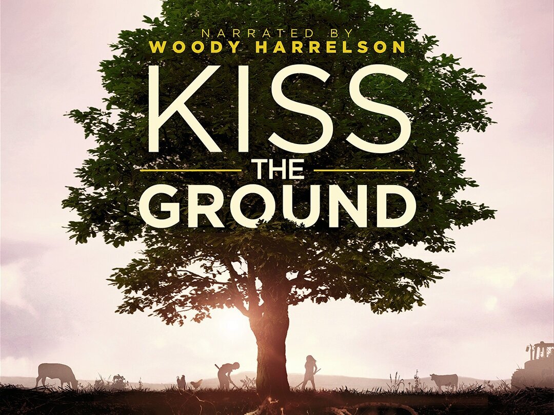 A large tree with a sunset background, featuring the title Kiss the Ground documentary cover