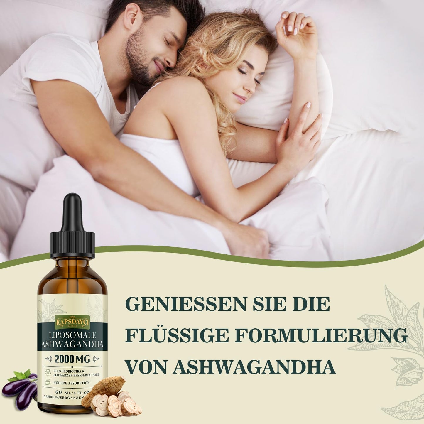 Rapsdayci Liposomale Ashwagandha – liquid formula for relaxation, better sleep, and sustainable wellness.