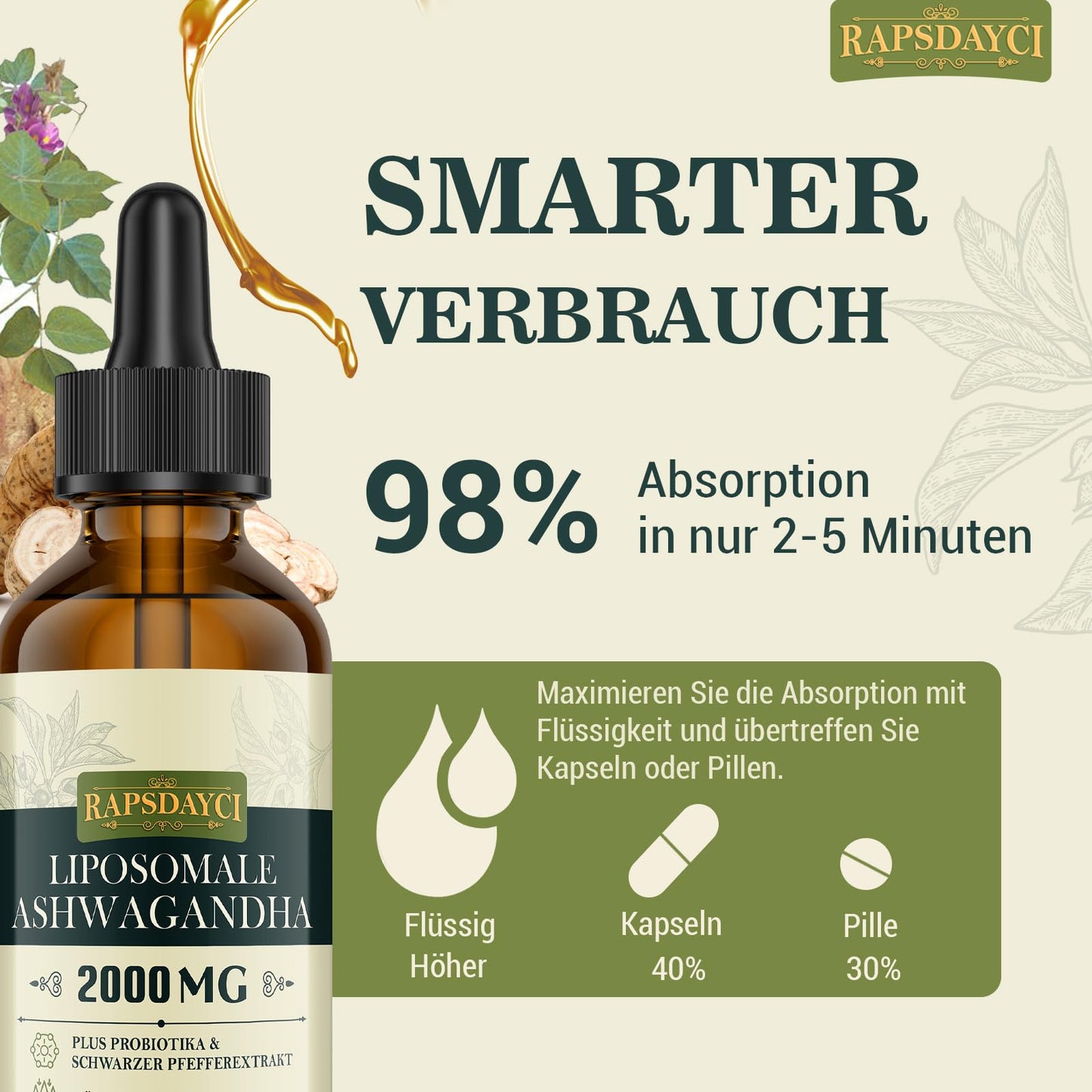 Rapsdayci Liposomale Ashwagandha – 98% absorption in minutes, outperforming capsules and pills with a sustainable liquid formula.