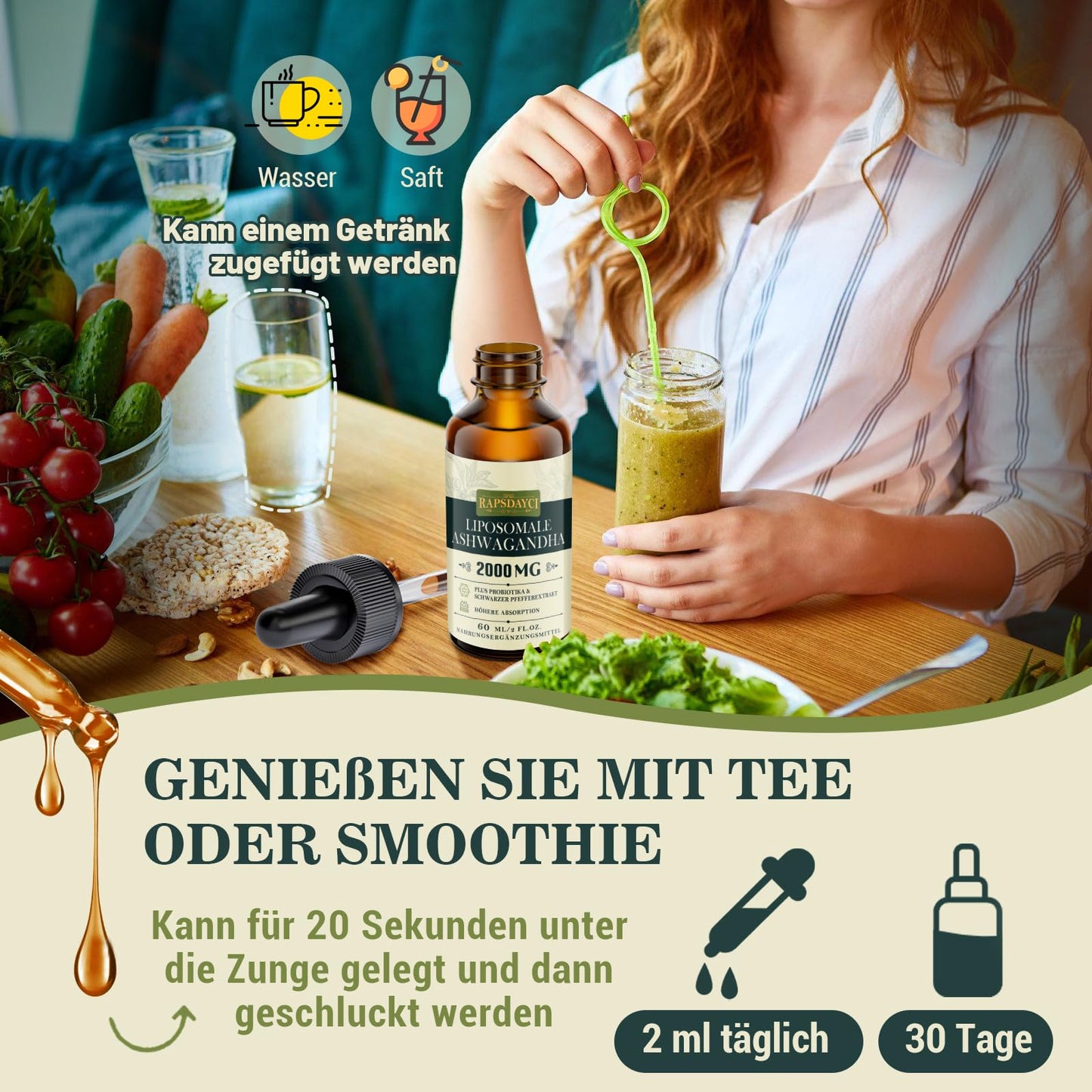 Woman drinking a green smoothie with Rapsdayci Liposomale Ashwagandha – a sustainable supplement for tea or juice.