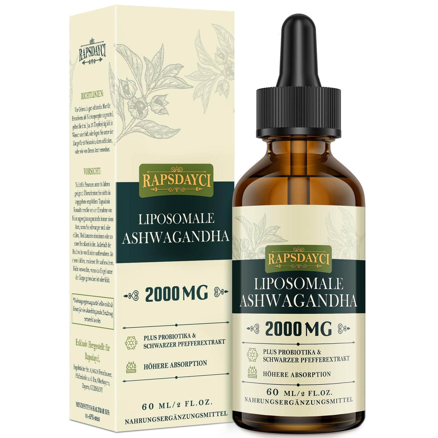 Rapsdayci Liposomale Ashwagandha – 2000mg bottle with probiotics and black pepper. High absorption formula with eco-friendly packaging.