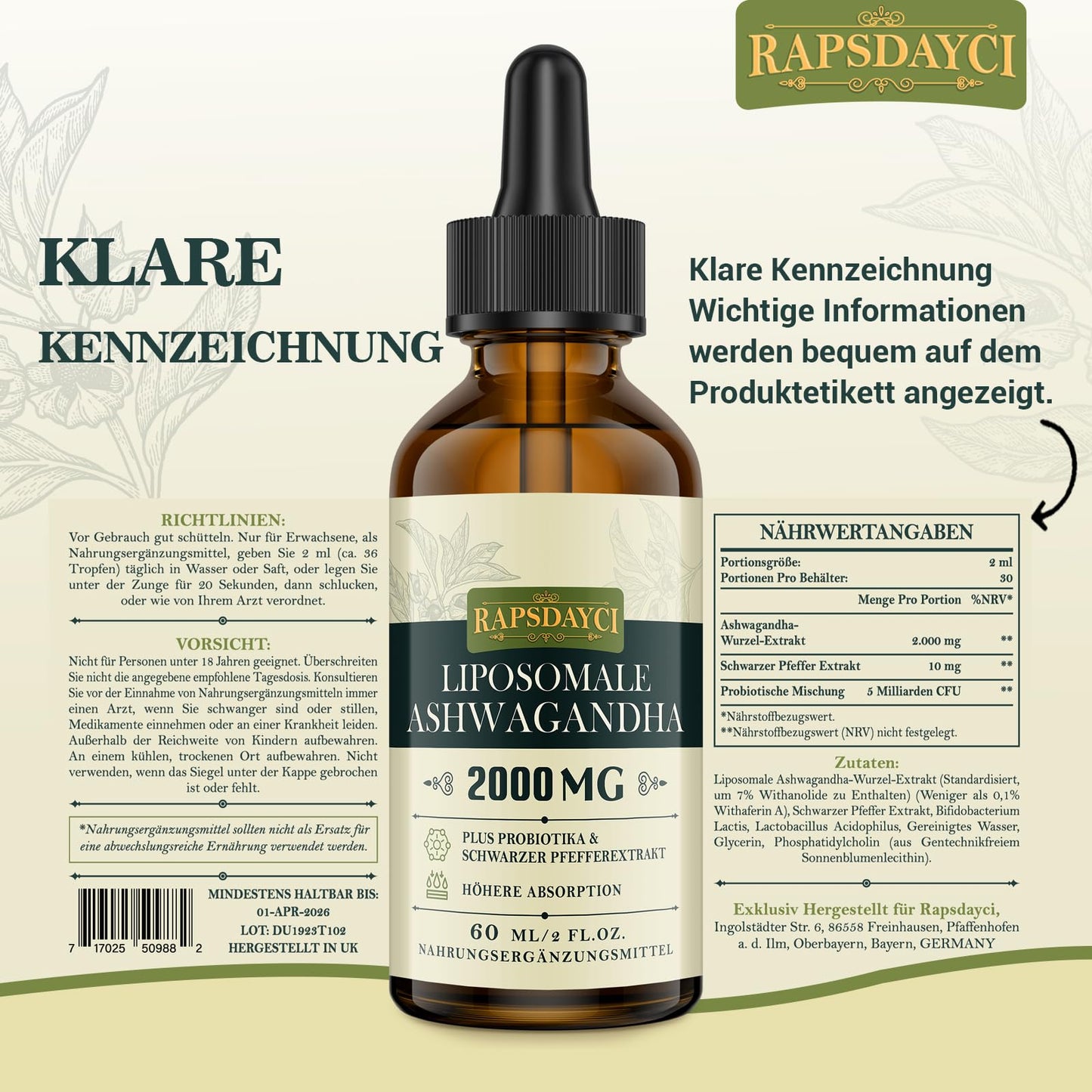 Rapsdayci Liposomale Ashwagandha - label with clear nutritional info and dosage guidelines.