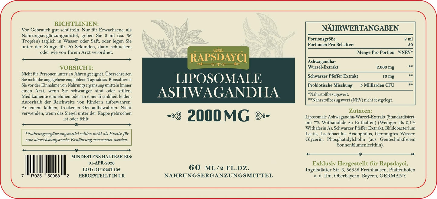 Rapsdayci Liposomale Ashwagandha label – 2000mg ashwagandha, black pepper extract, and probiotics. Clear dosage, ingredients, and sustainability focus.