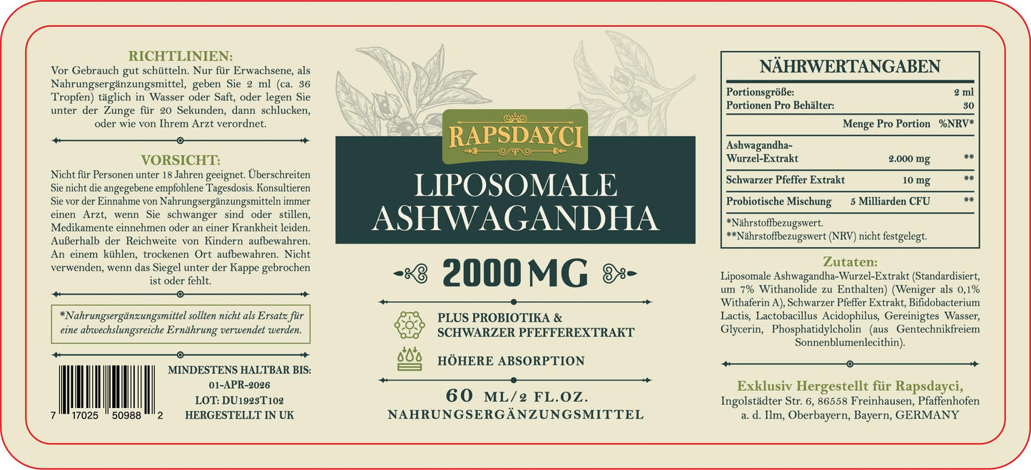 Rapsdayci Liposomale Ashwagandha label – 2000mg ashwagandha, black pepper extract, and probiotics. Clear dosage, ingredients, and sustainability focus.