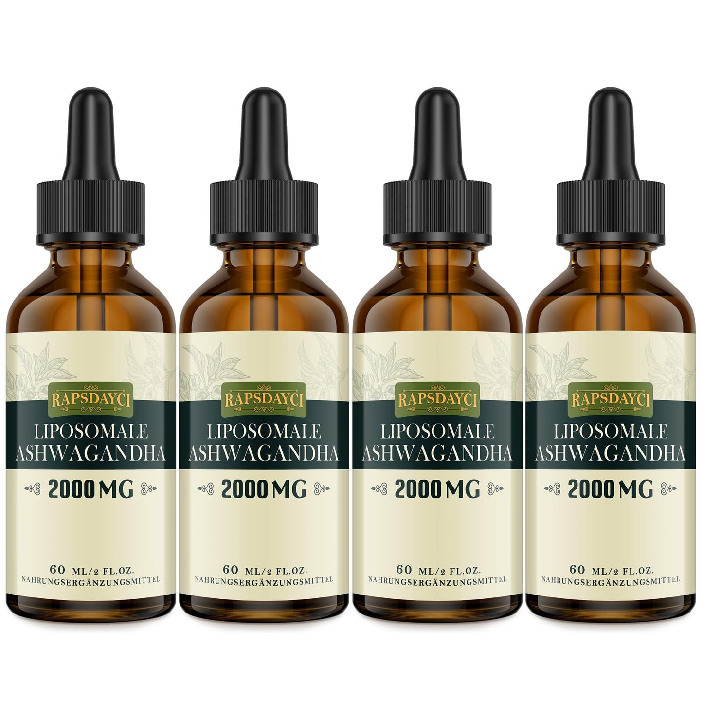 Four bottles of Rapsdayci Liposomale Ashwagandha – 2000mg formula with probiotics and black pepper for higher absorption.