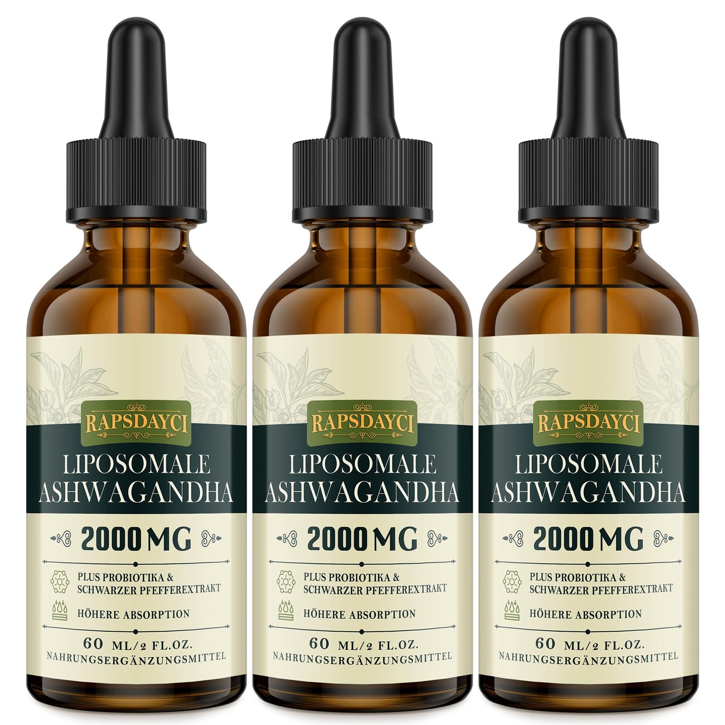 Three bottles of Rapsdayci Liposomale Ashwagandha – 2000mg formula with probiotics and black pepper for higher absorption.