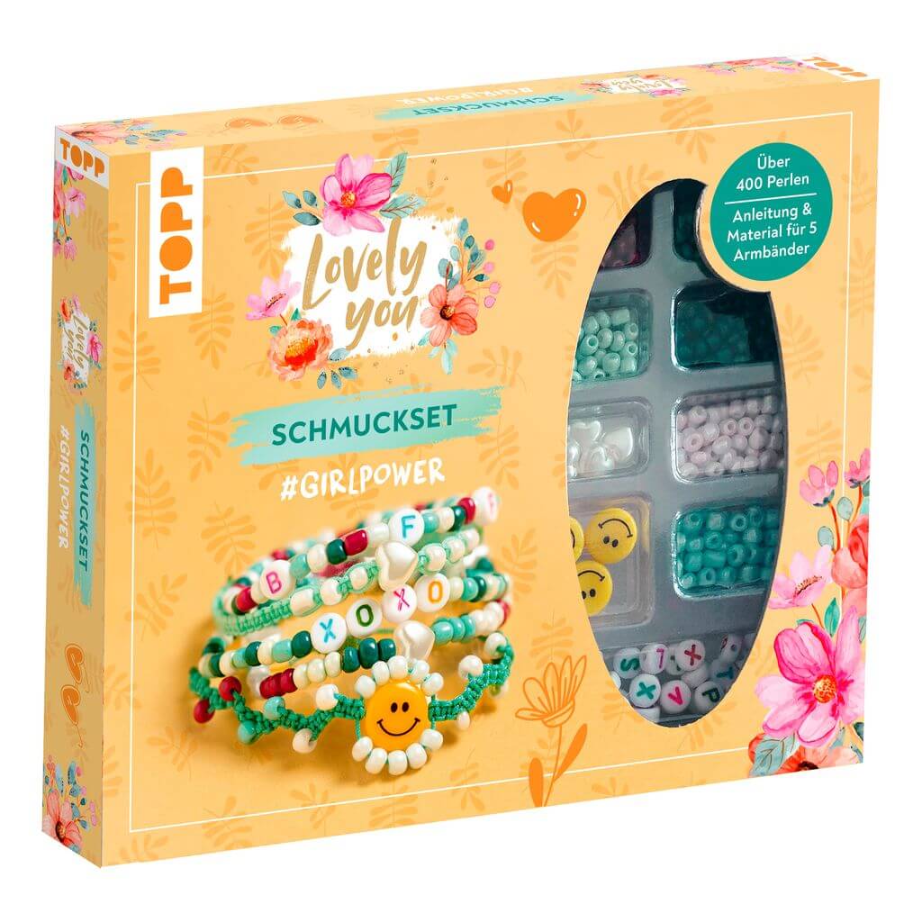 Jewellery DIY set "Lovely You #GirlPower"box with colourful beads and materials to create 5 sustainable bracelets.