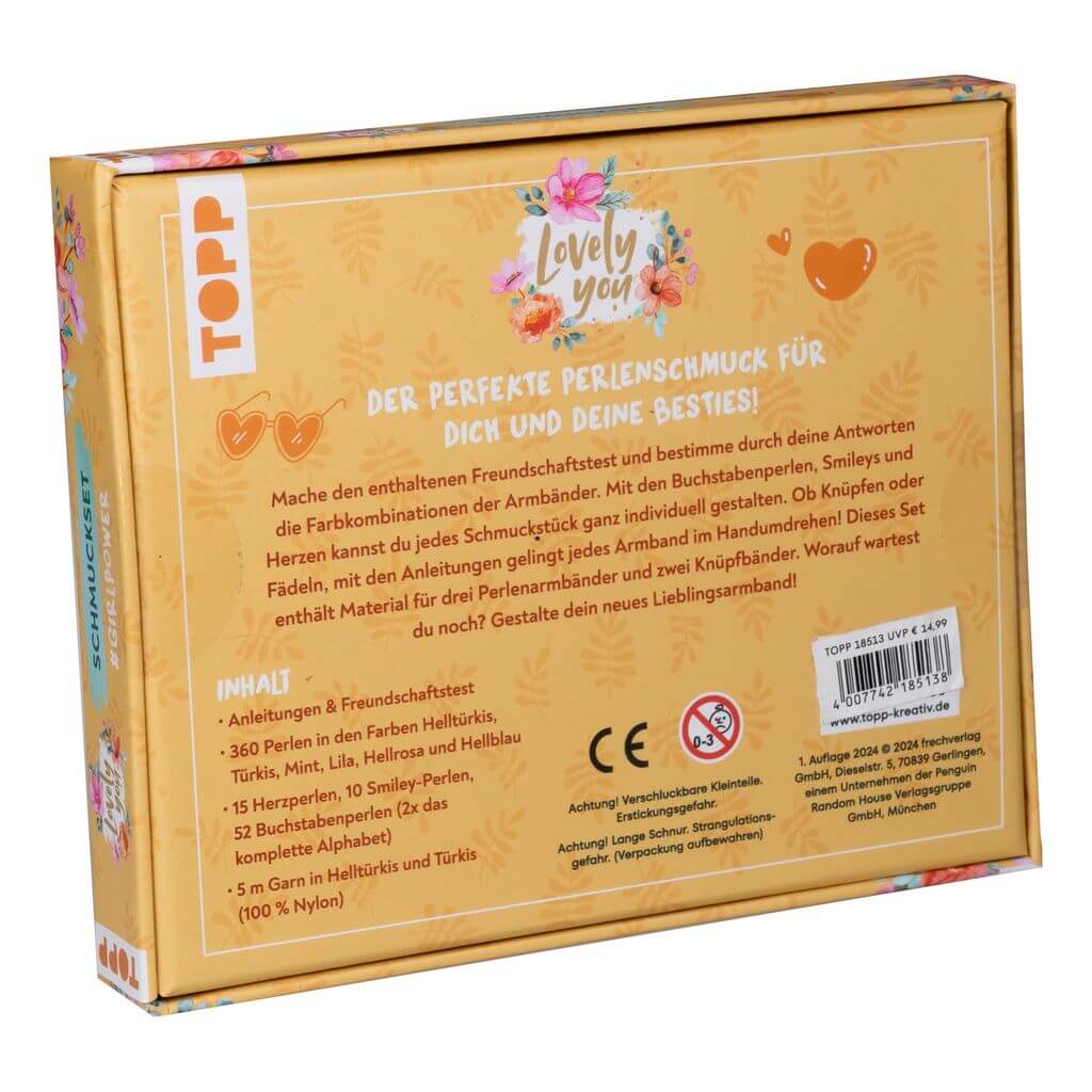 Jewellery DIY set "Lovely You #GirlPower"box back with colourful beads and materials to create 5 sustainable bracelets