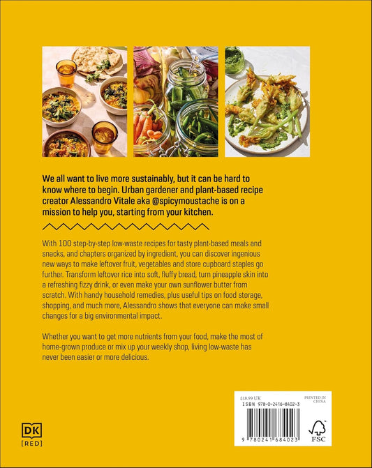 Book back cover with images of food and text about sustainability and plant-based recipes.