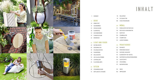 Collage of outdoor activities with a table of contents on the right side from Meine besten DIY-Projekte für Garten und Balkon.