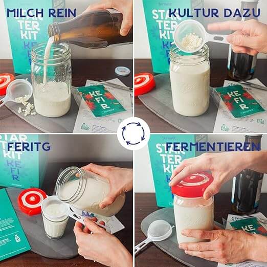 Milk kefir starter kit with jar, strainer, and grains instructions