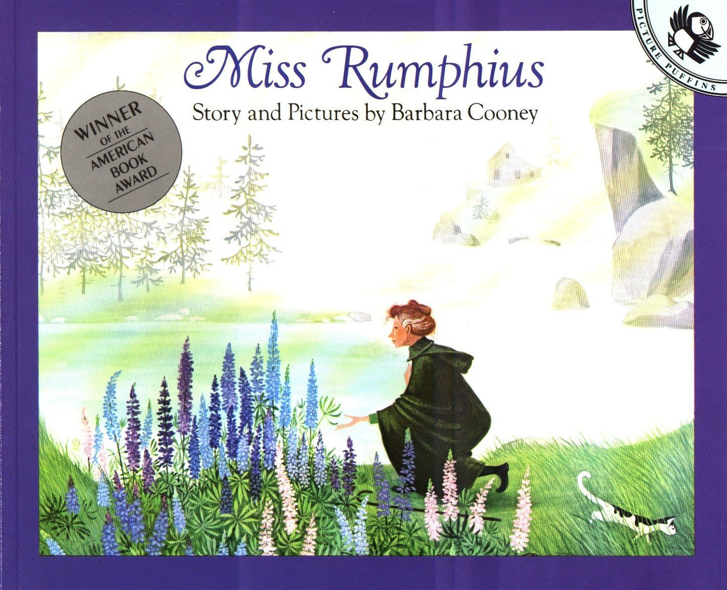 Book cover of 'Miss Rumphius' with a woman in a garden and purple border.
