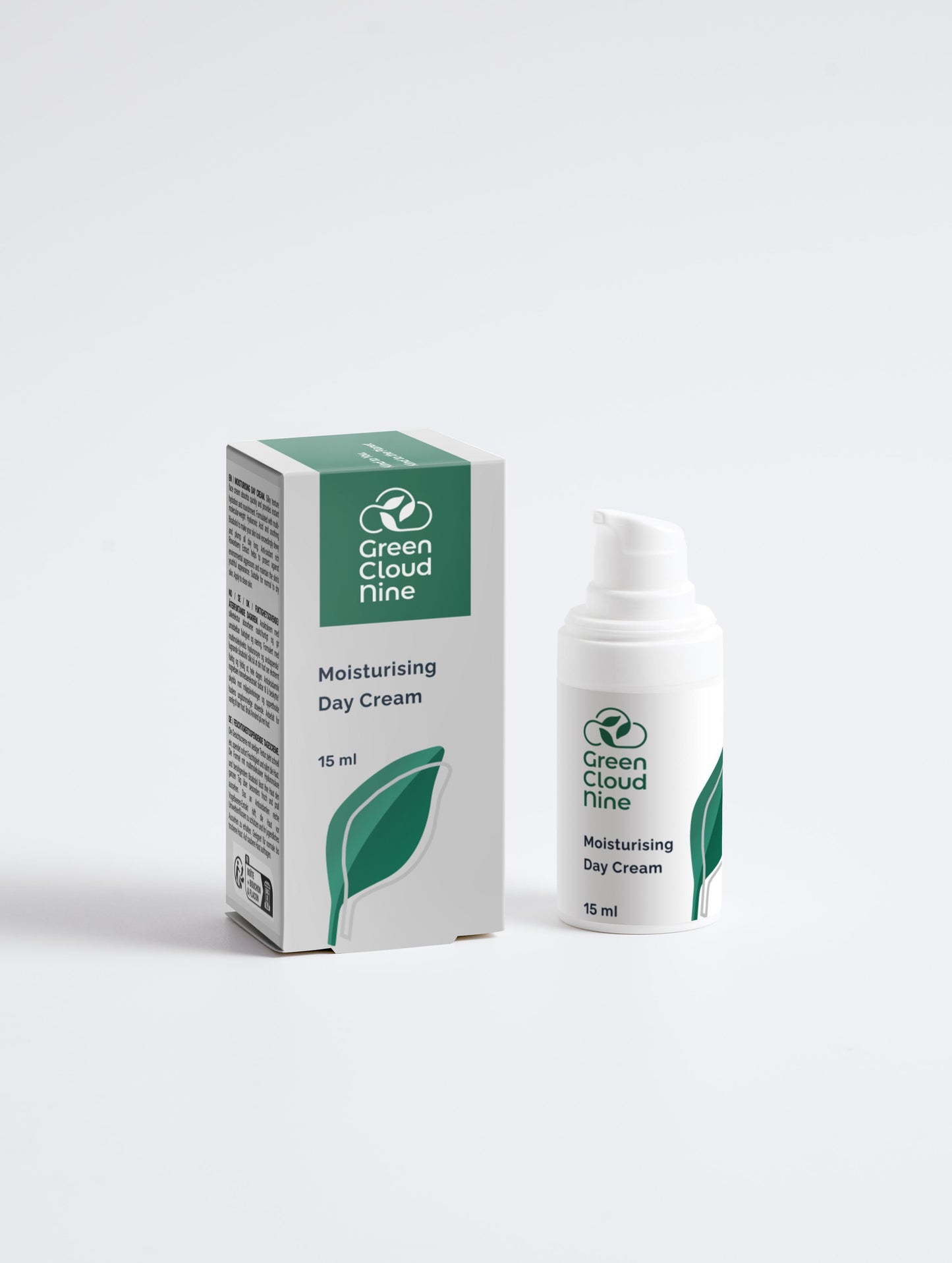 Moisturising Day Cream with green cloud nine logo. The product and packaging is displayed on a white background front