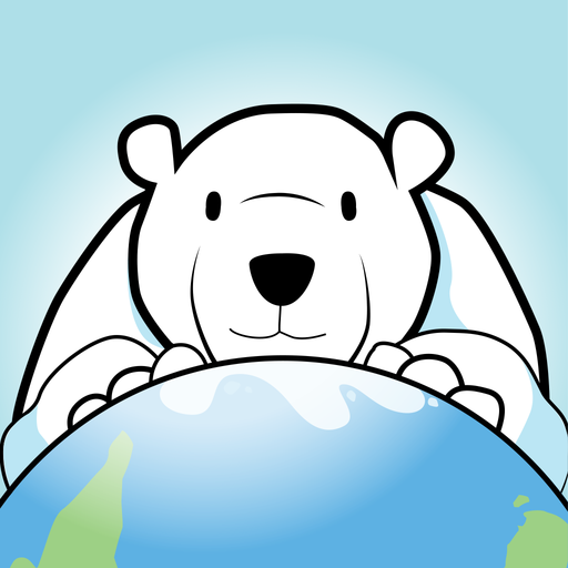 Cartoon polar bear holding a globe with a blue background