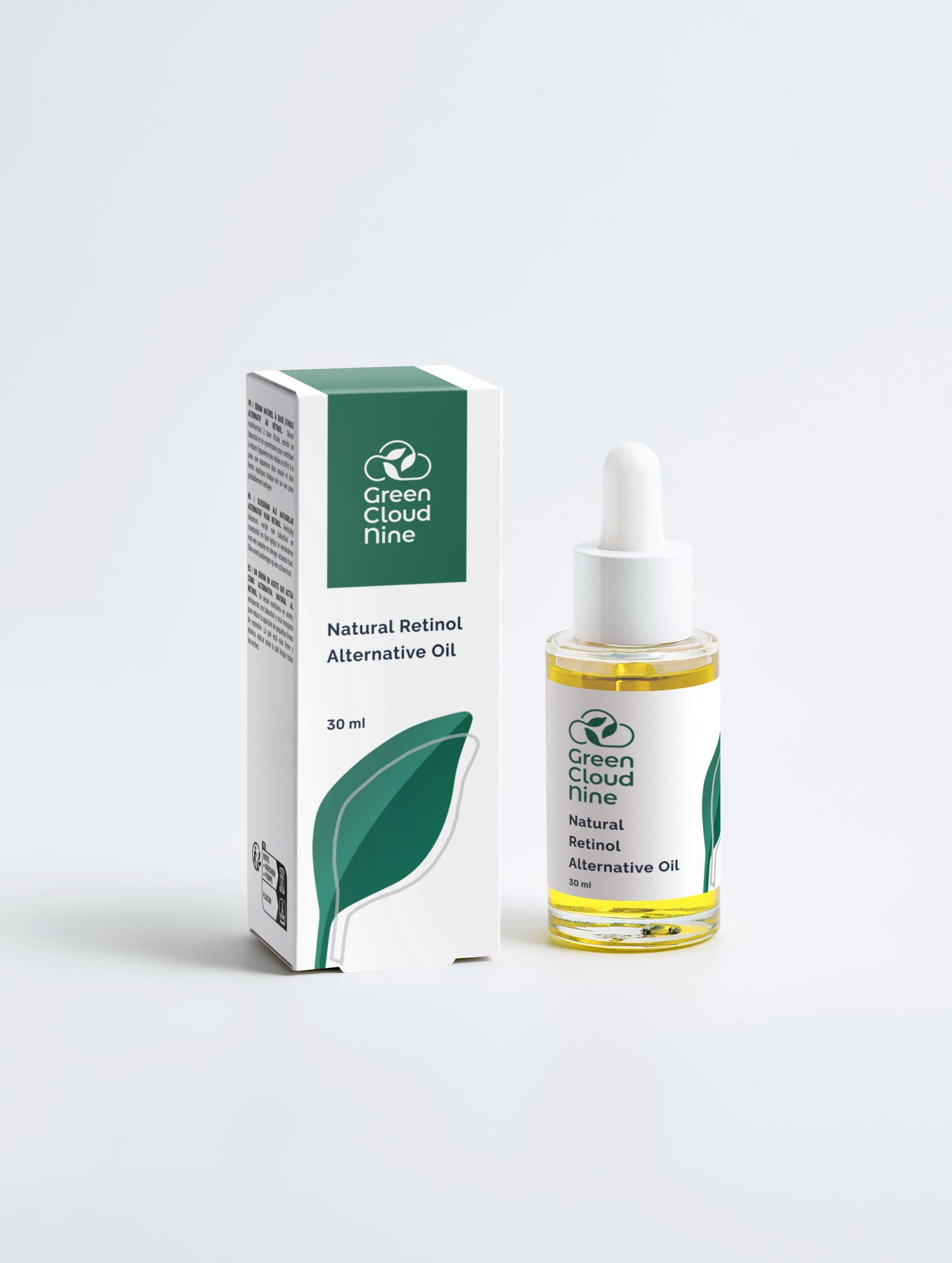 Green Cloud Nine natural retinol alternative oil bottle and packaging on a white background (front)