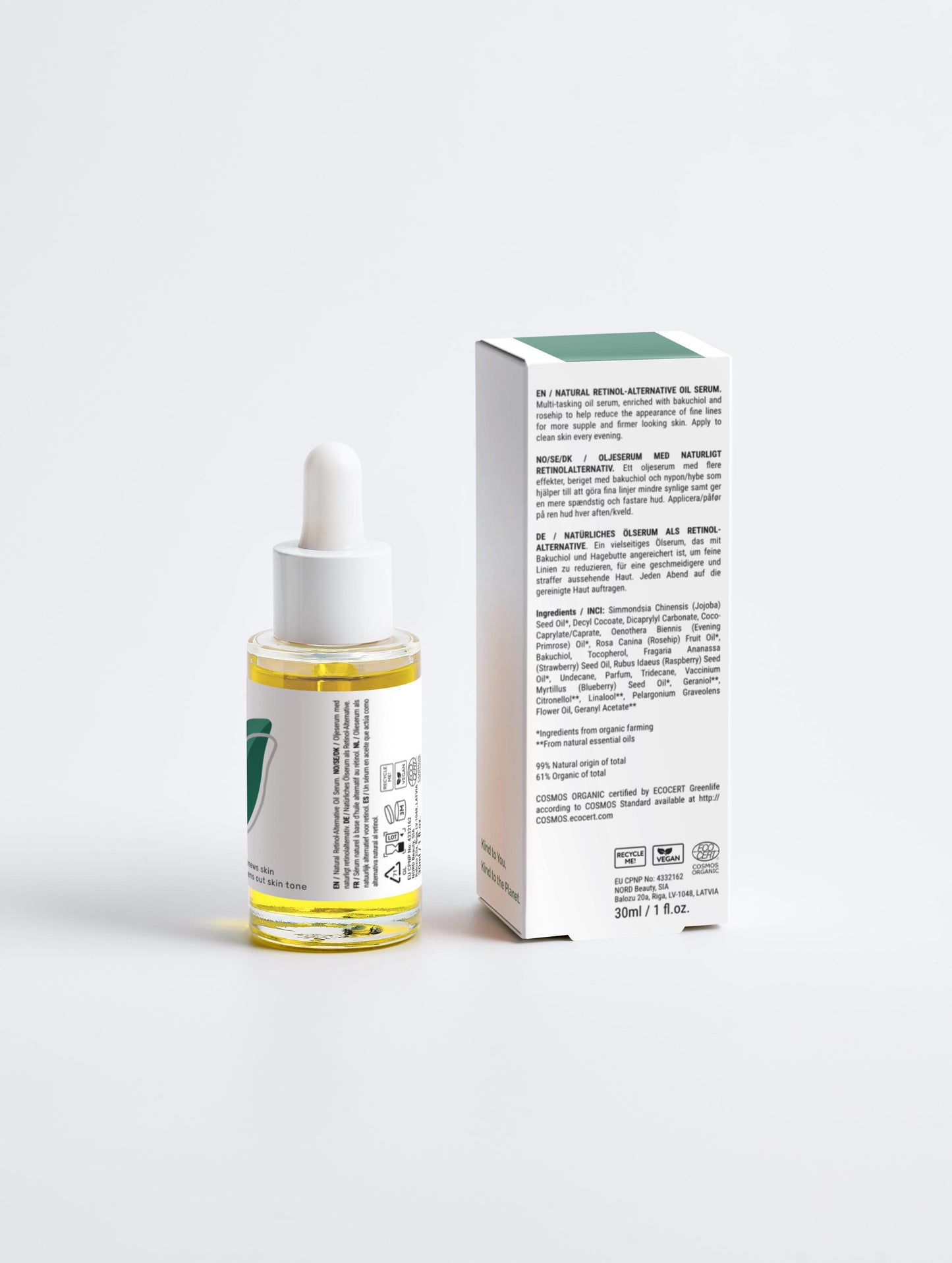 Natural Retinol Alternative Oil Serum with box back in a glass dropper bottle with Green Cloud Nine Logo