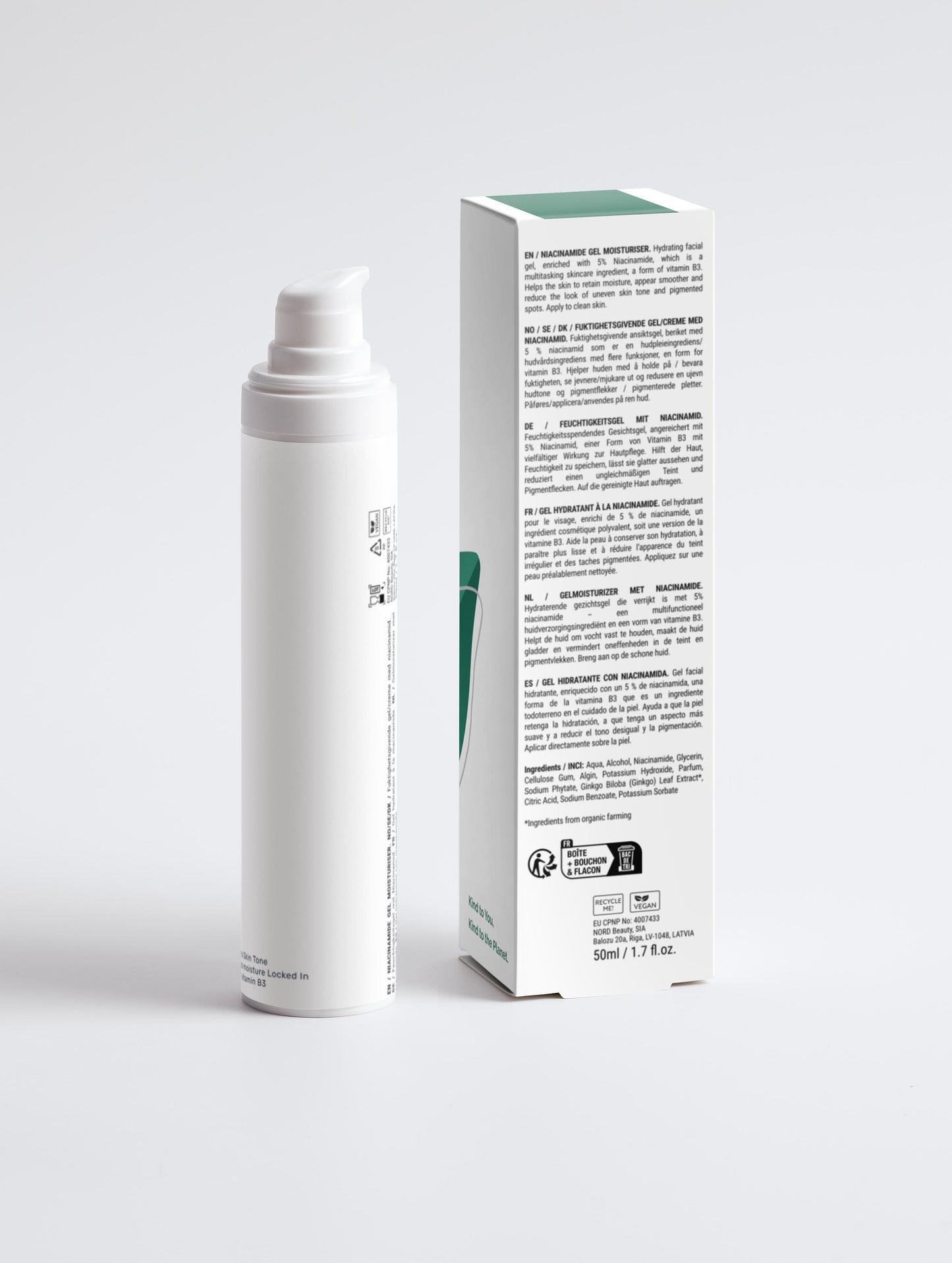 Niacinamide Hydrating Gel with box back, in a white pump bottle with Green Cloud Nine Logo