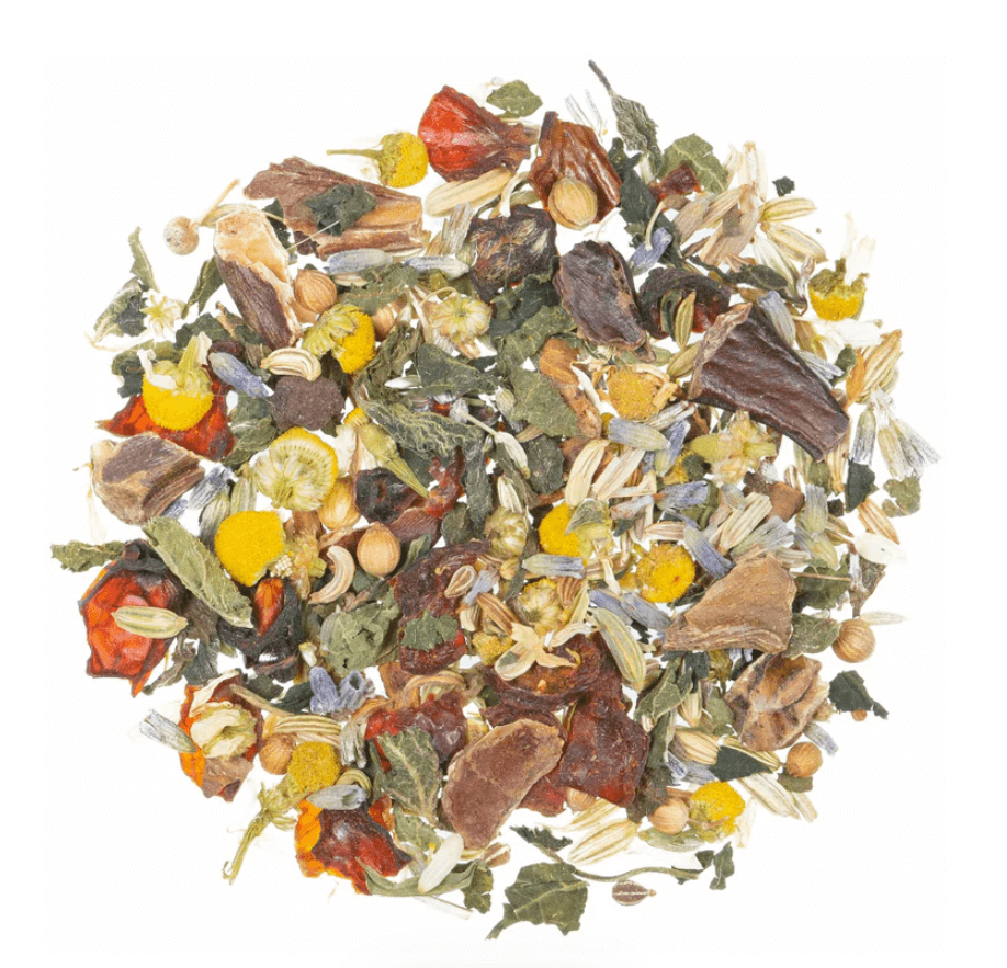 Colorful blend of dried herbs from Night Whispers Organic Tea