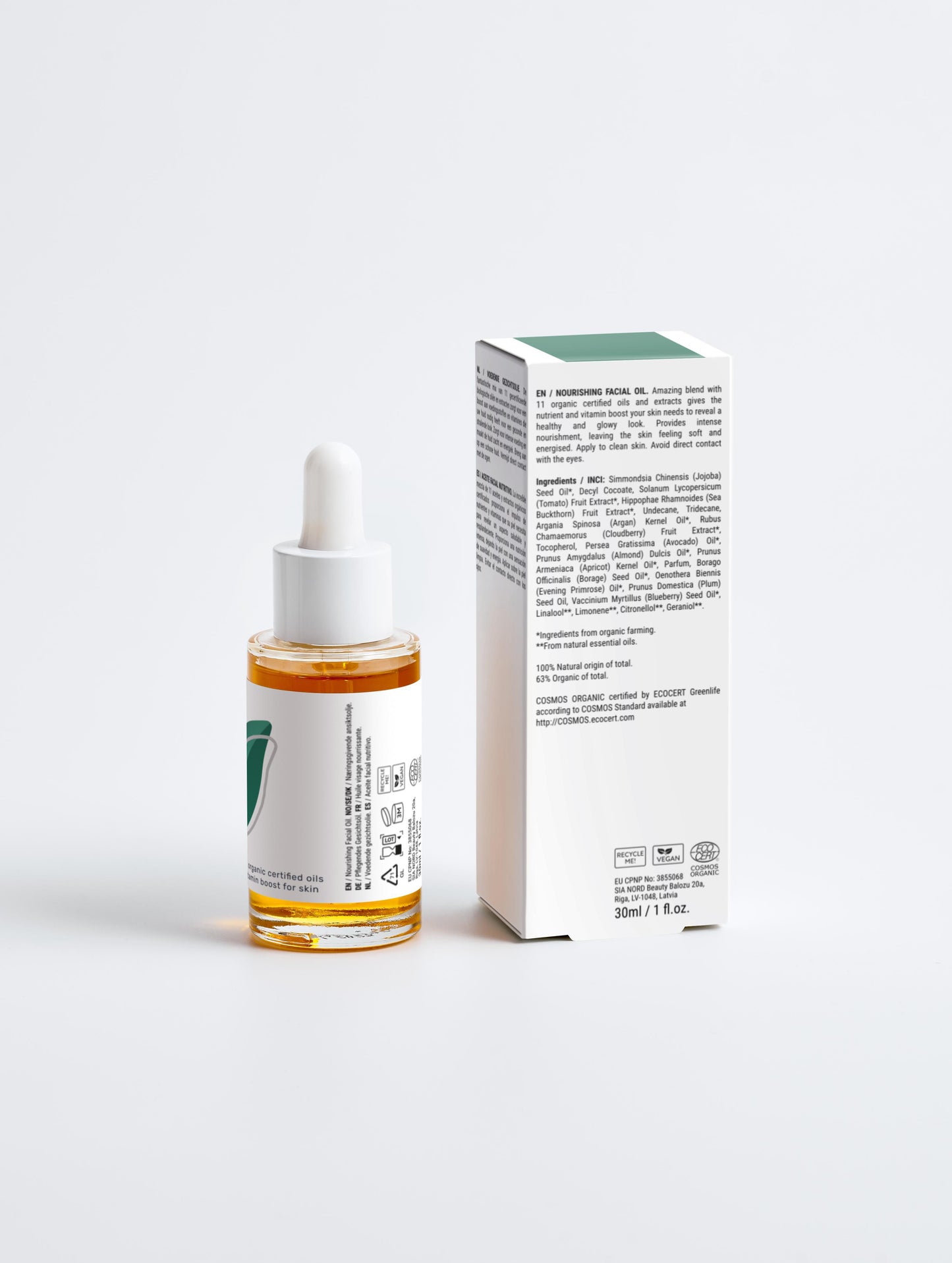 Nourishing Facial Oil 30ml with box back in a glass dropper bottle with Green Cloud Nine Logo
