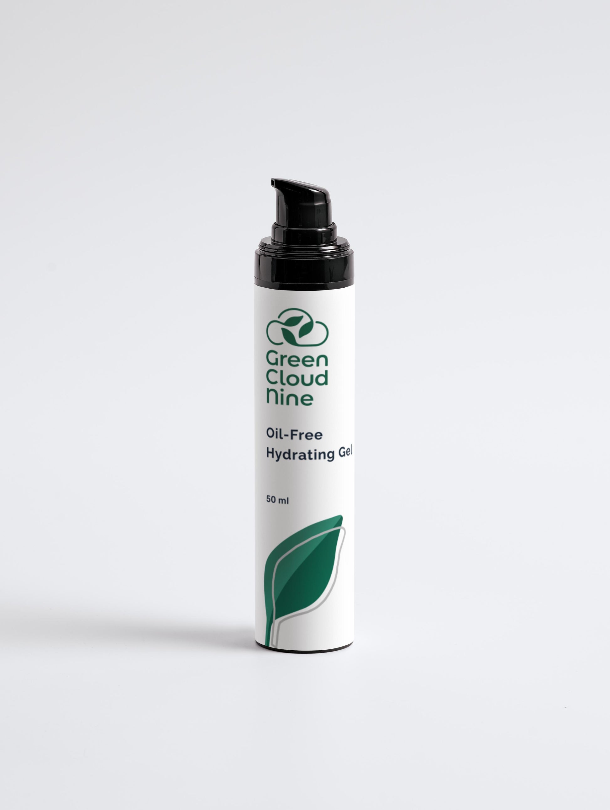 Oil Free Hydrating Gel in a black pump bottle with Green Cloud Nine Logo