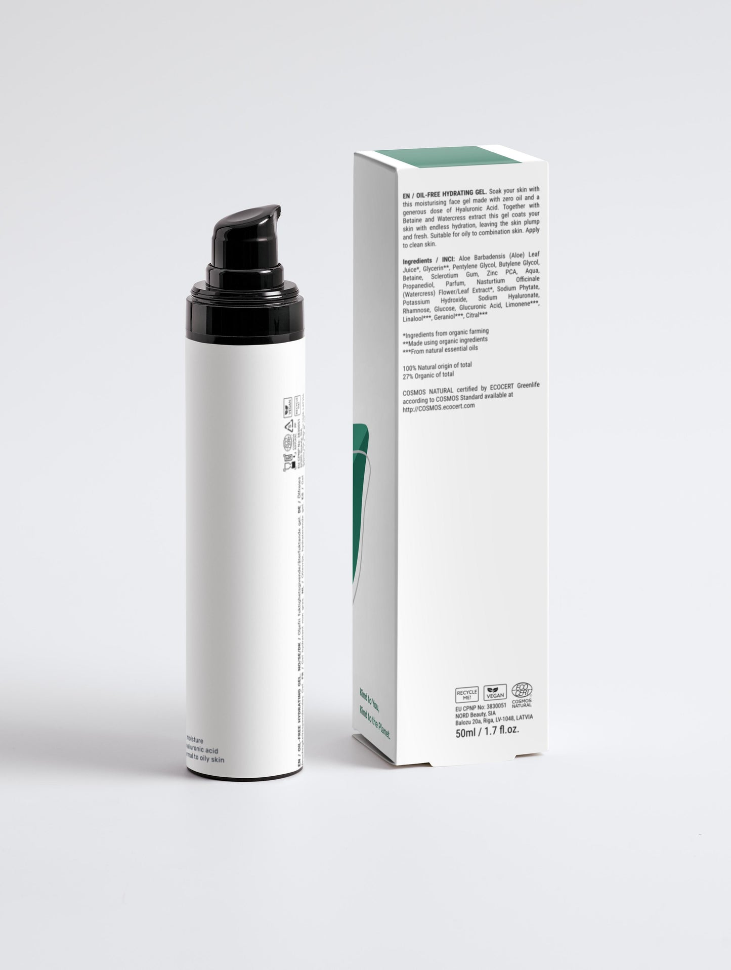An oil-free hydrating gel is packaged in a white bottle with a pump and the Green Cloud Nine logo on a white label. It shows the packaging with key ingredients (back)