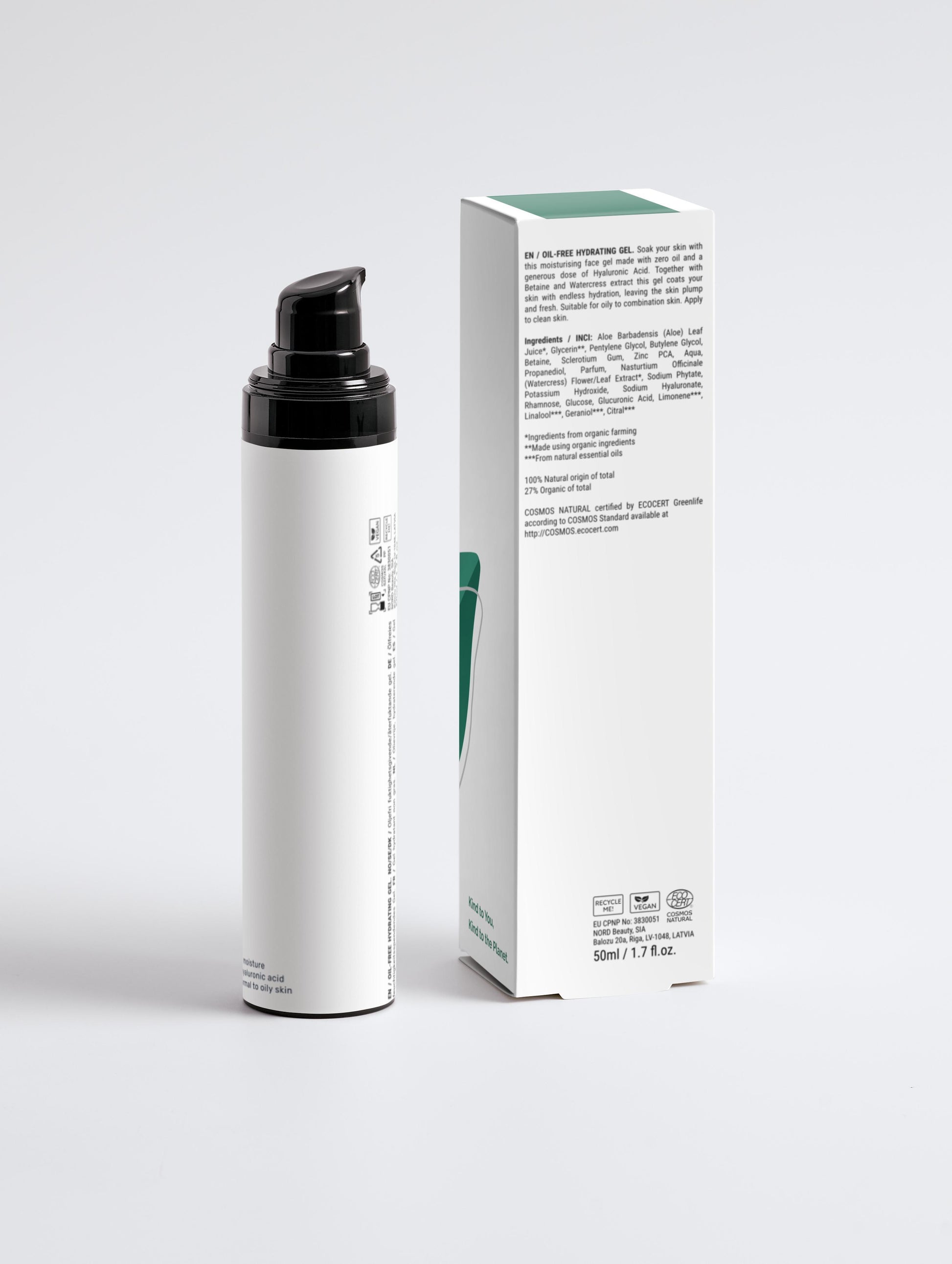 An oil-free hydrating gel is packaged in a white bottle with a pump and the Green Cloud Nine logo on a white label. It shows the packaging with key ingredients (back)