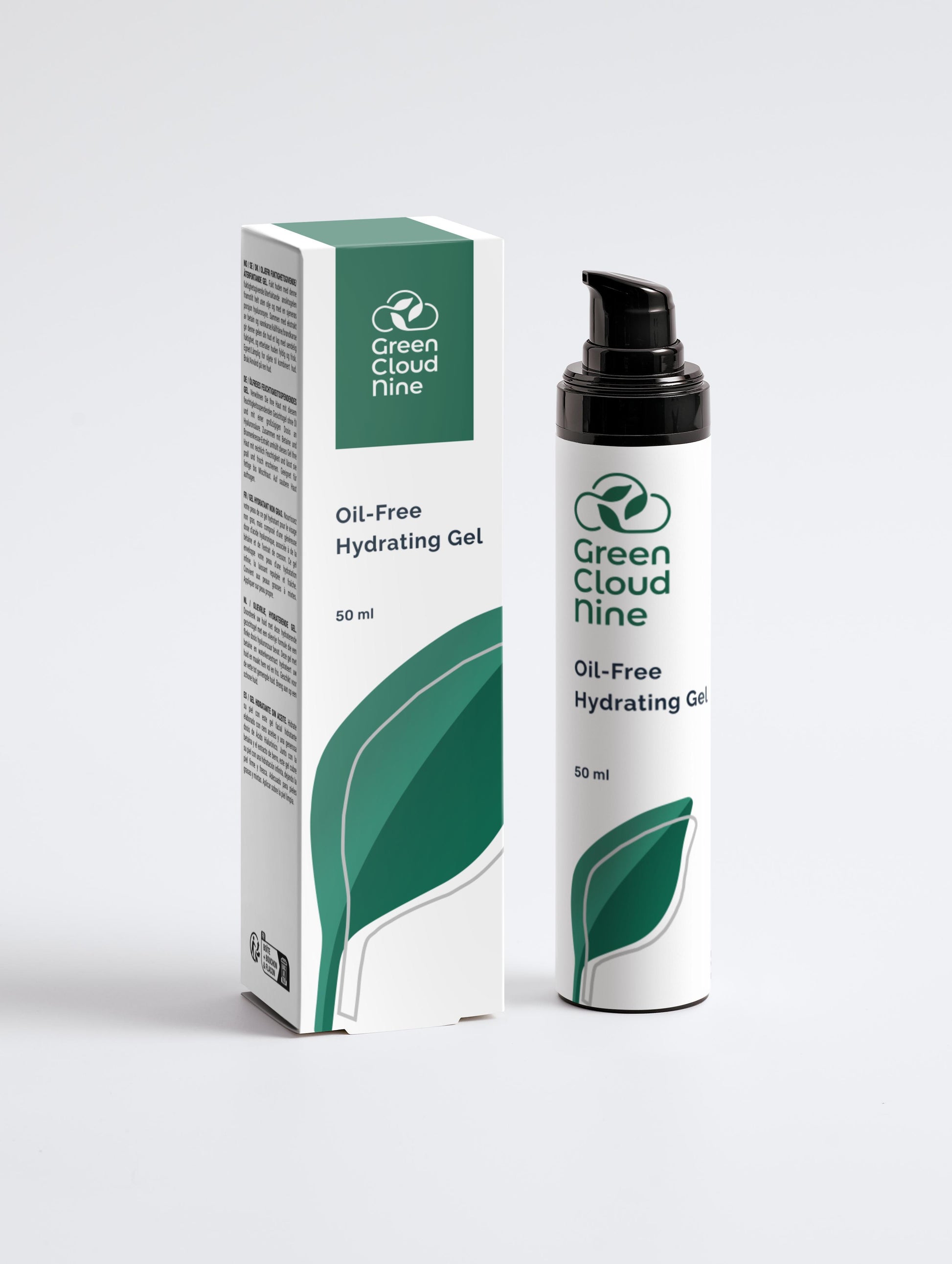An oil-free hydrating gel is packaged in a white bottle with a pump and the Green Cloud Nine logo on a white label. (front)