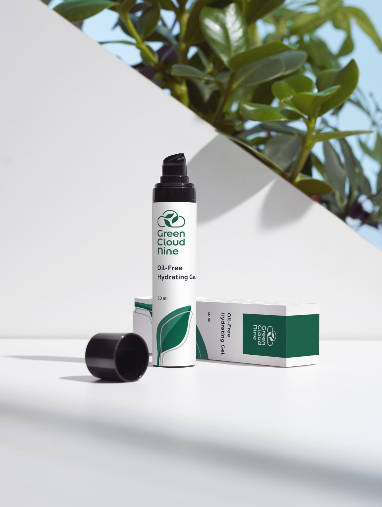 Oil-Free Hydrating Gel. black pump bottle with Green Cloud Nine logo on a white background with plants