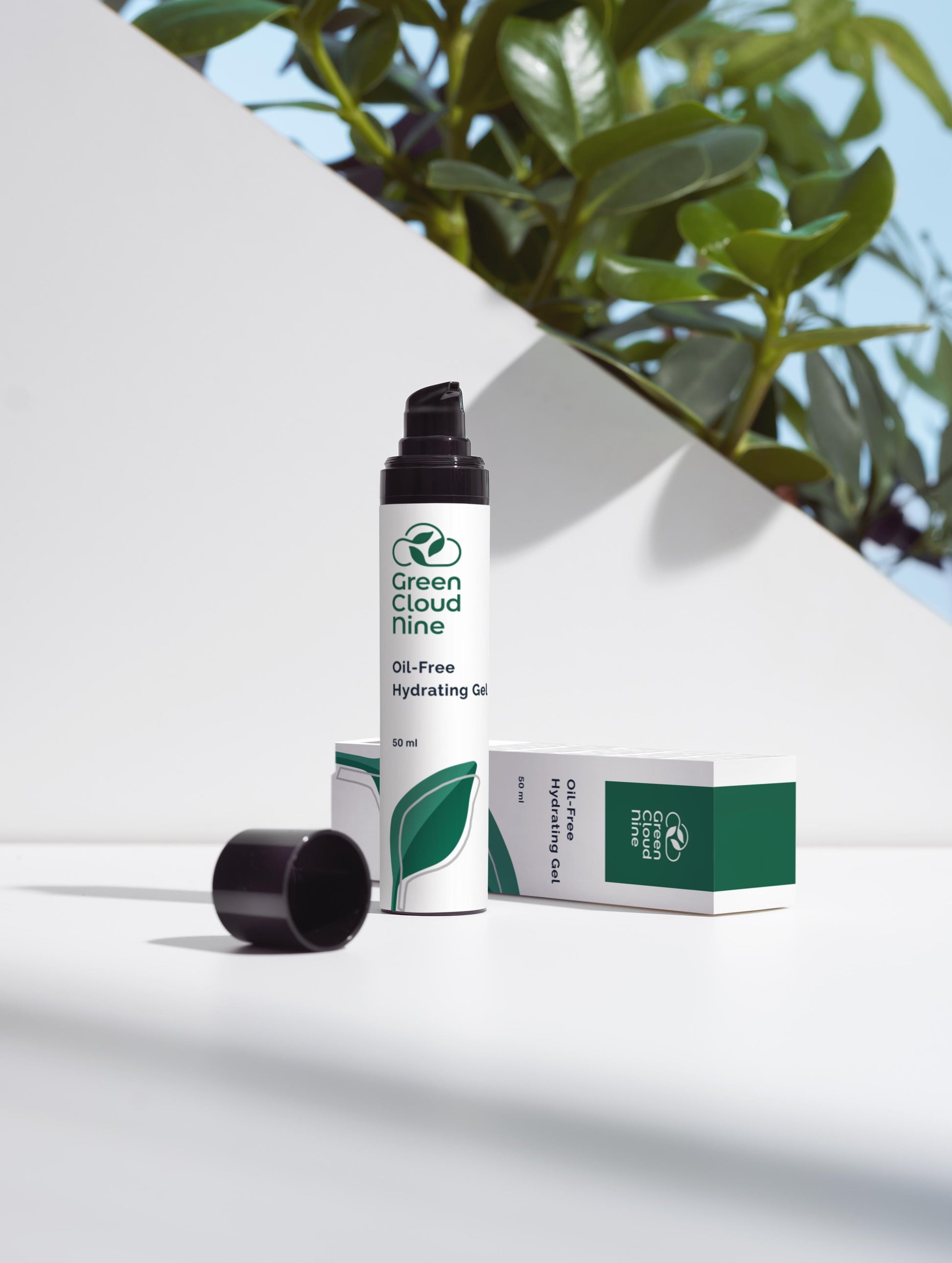 Oil-Free Hydrating Gel. black pump bottle with Green Cloud Nine logo on a white background with plants