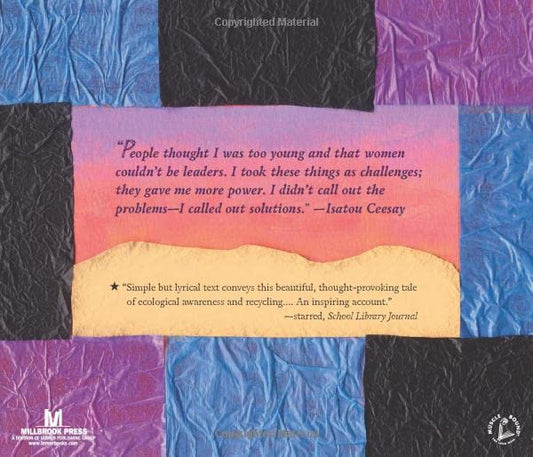 Text on a colorful patchwork background with Isatou Ceesay quote