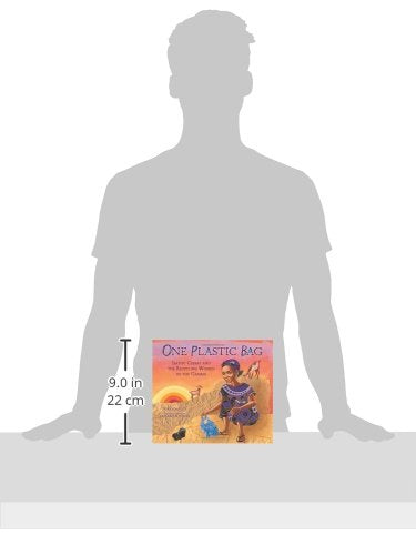 Book titled 'One Plastic Bag' by Esi Edugyan on a white background with a silhouette of a person for scale.