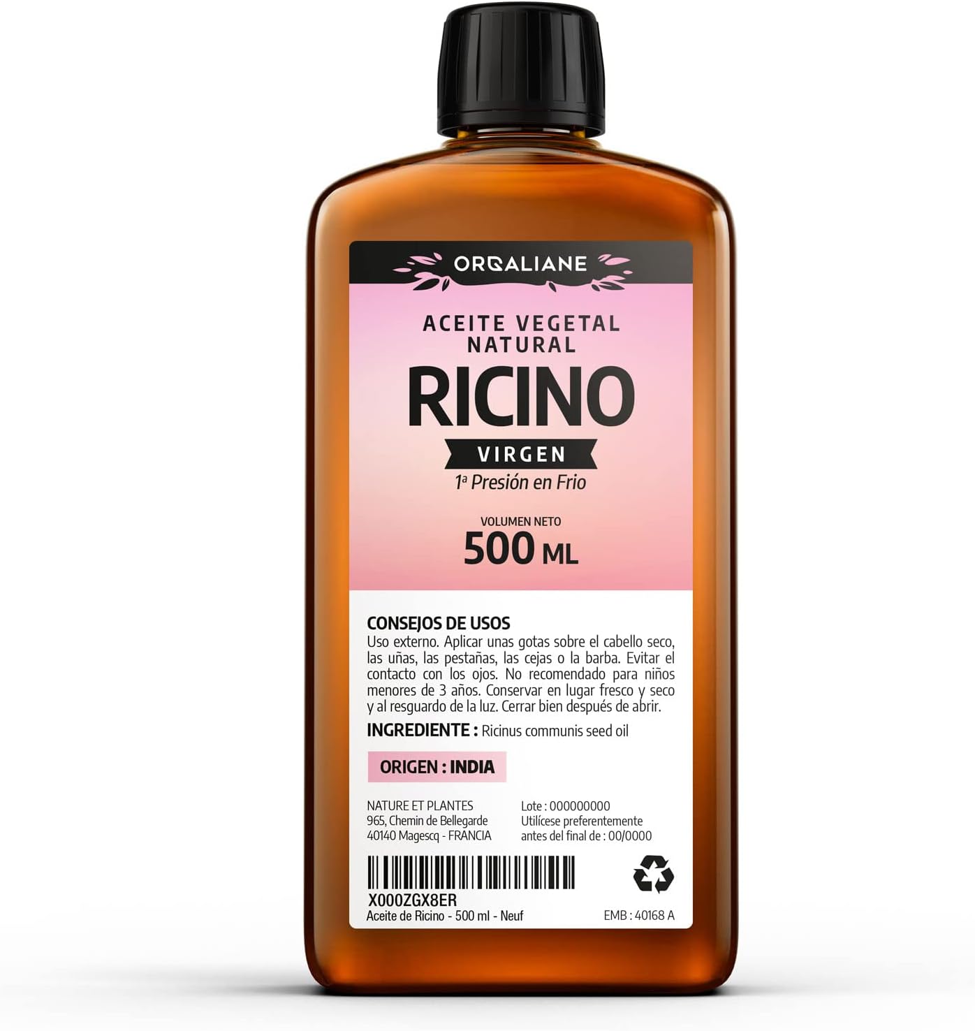 A bottle of Organic Cold-Pressed Castor Oil on a white background