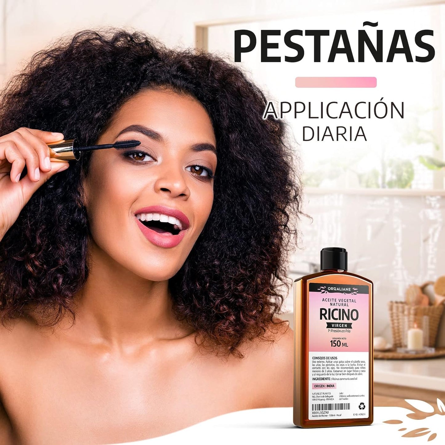 Smiling woman applying Organic Cold-Pressed Castor Oil