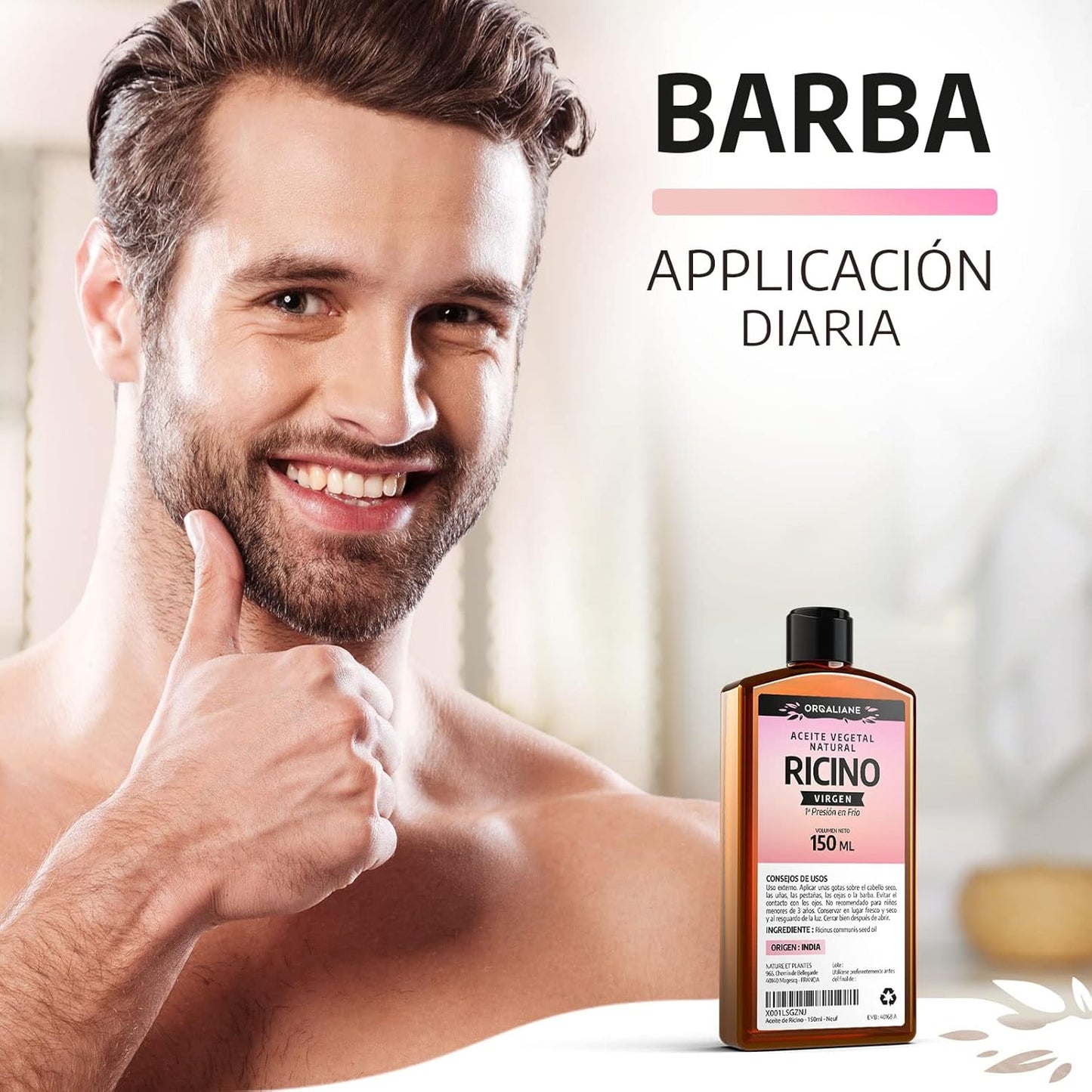 Smiling man with a bottle of Organic Cold-Pressed Castor Oil