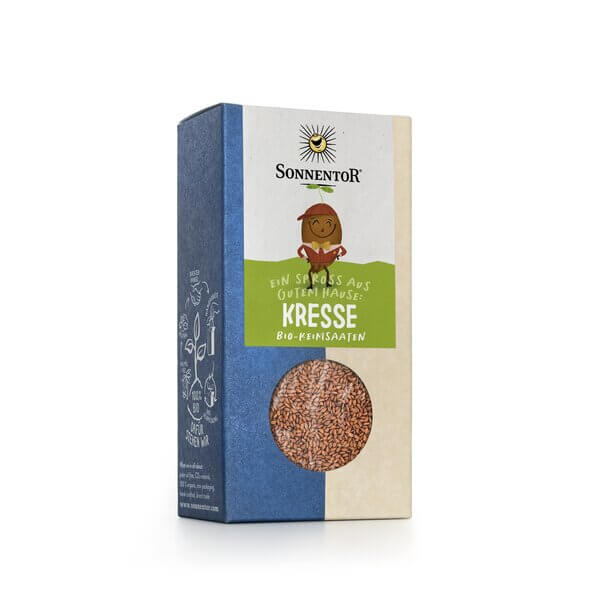 Organic Cress Seeds packaged in a sustainable blue and beige bag with a transparent window.
