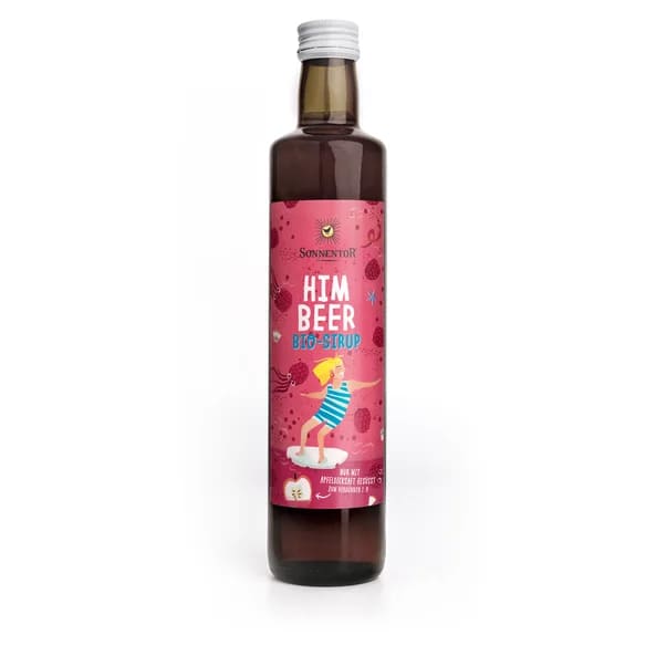 Organic raspberry syrup in a glass bottle with a playful pink label on a white background