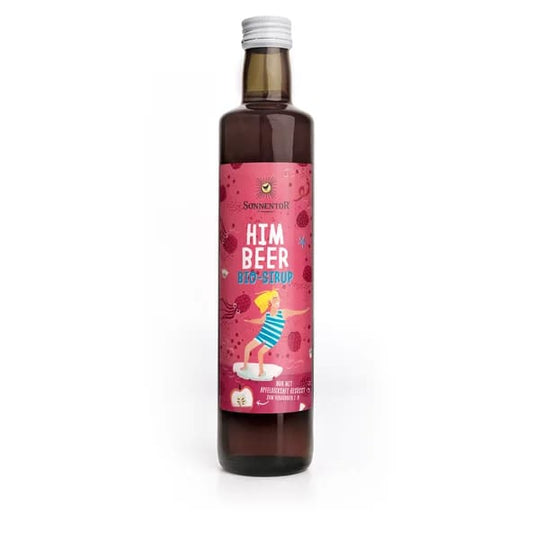 Organic raspberry syrup in a glass bottle with a playful pink label on a white background