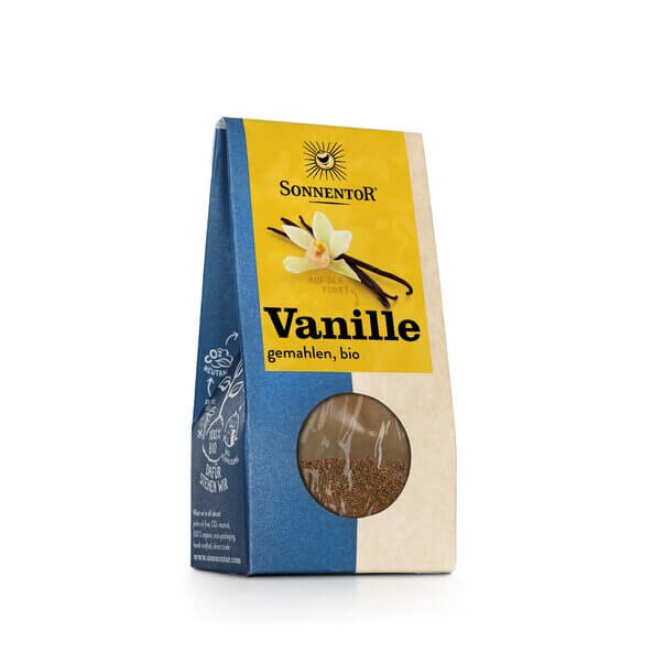 Sonnentor organic vanilla powder in eco-friendly packaging, ideal for sustainable and natural cooking.