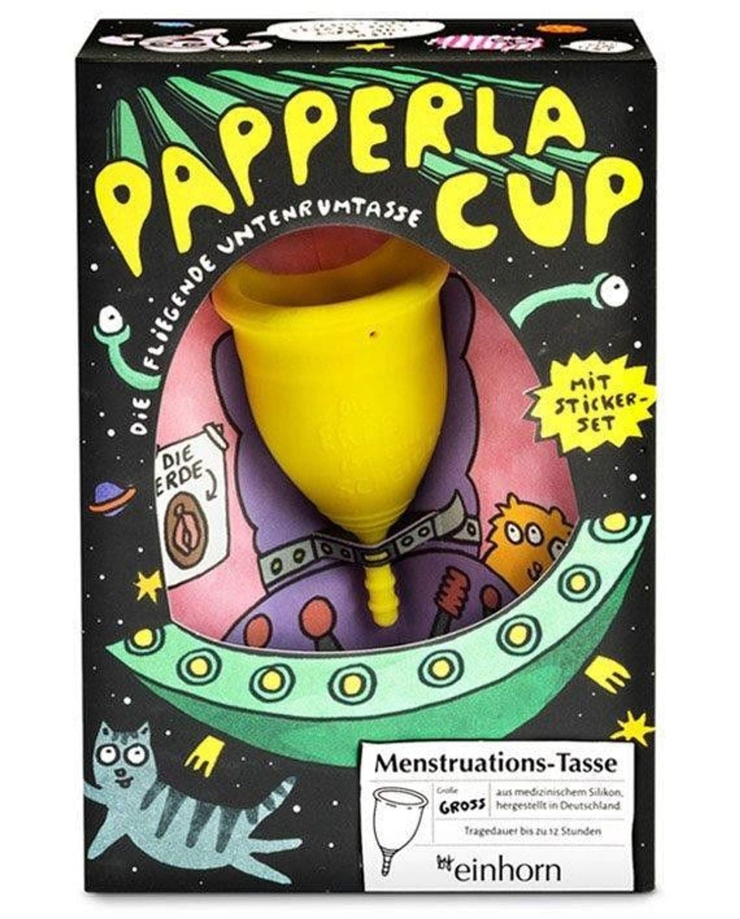 Einhorn PapperlaCup large yellow menstrual cup in playful box, reusable and made from medical-grade silicone