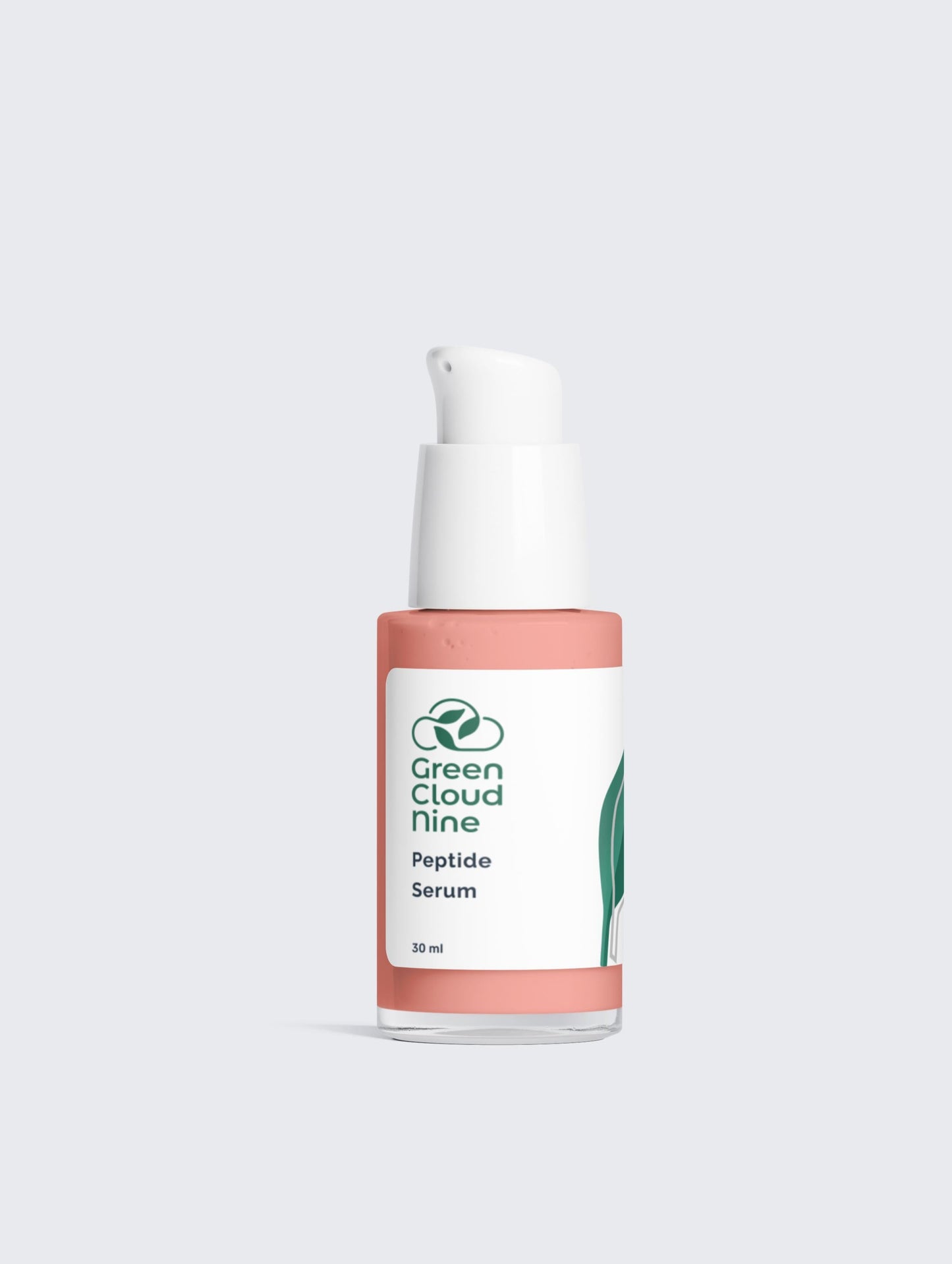 Peptide Serum in a white pump bottle with Green Cloud Nine Logo on a white background
