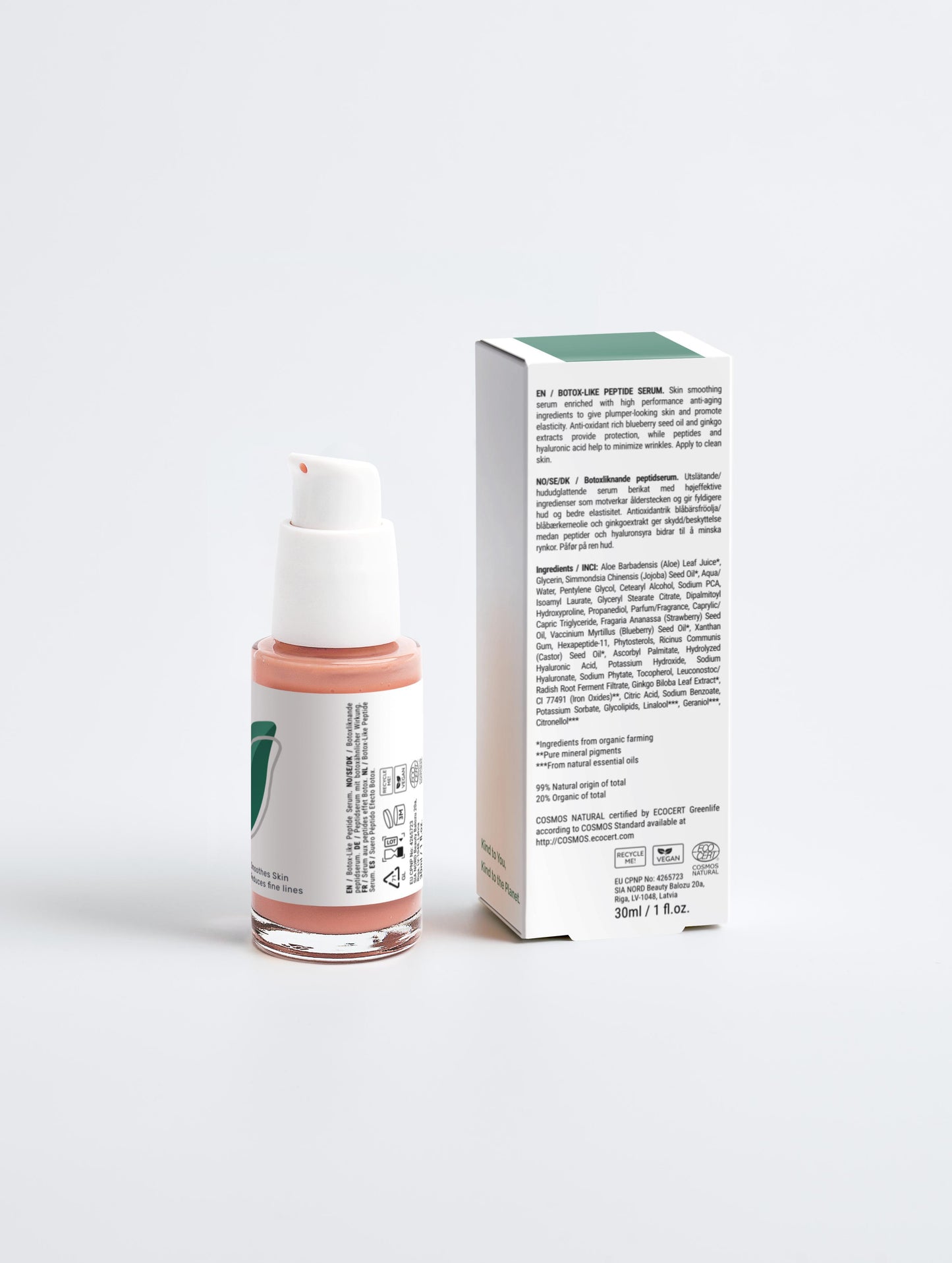 Peptide Serum with box back in a white pump bottle with Green Cloud Nine Logo on a white background