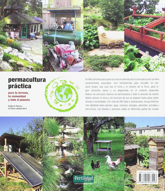 Book cover of 'Permacultura Práctica' with images of gardens and permaculture elements.