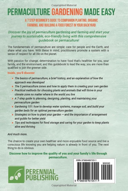 Back cover of a book titled 'Permaculture Gardening Made Easy' by Perennial Publishing.